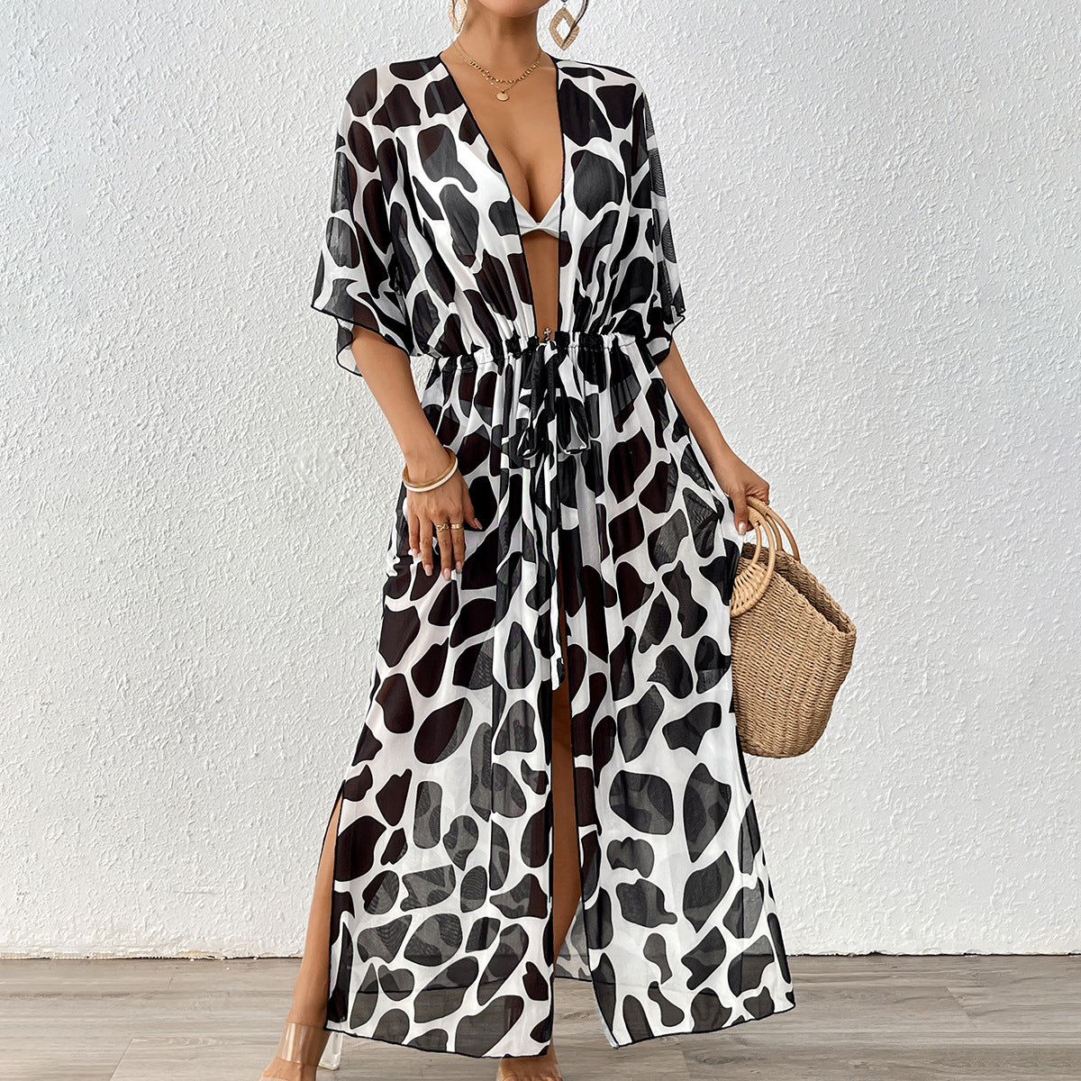 Cardigan Femme Vêtements Femme Manches Chauve-souris Taille Nouée Imprimé Léopard Mesh Plage Cache-maillot de plage