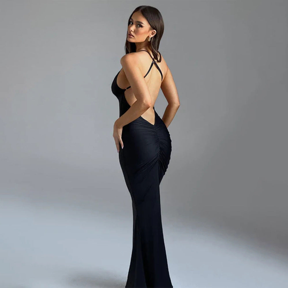 Robe de printemps sexy tendance Col en V Dos nu Coupe ajustée Fourreau Bretelles