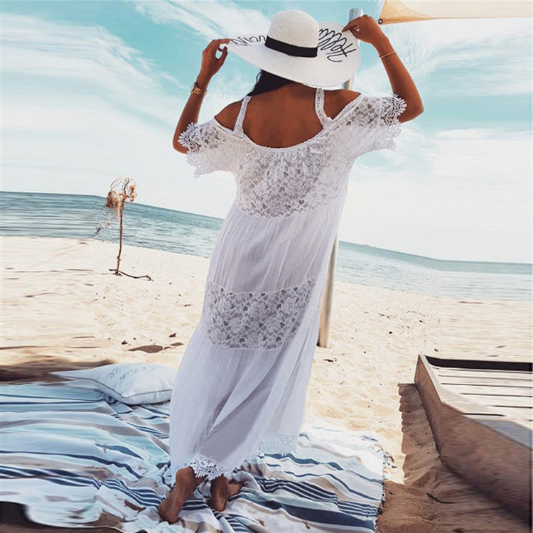 Robe de plage sexy en dentelle brodée avec des coutures en rayonne, un paréo de bikini pour la mer