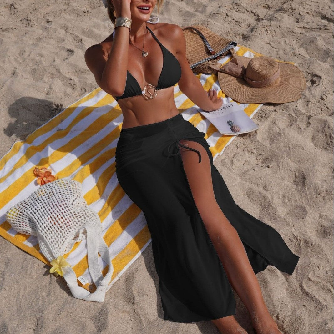 Einfarbiges Strand-Sonnenschutz-Tüllrock-Set, sexy dreiteiliges Bikini-Split-Badeanzug