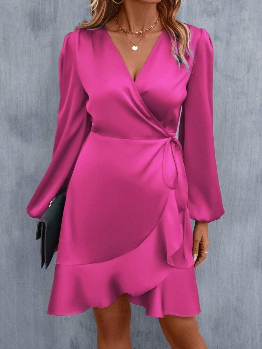 V-Ausschnitt Kleid Satin Taille Eng Figurbetontes Kleid Tiefer Ausschnitt Casual Midikleid Süße Damenbekleidung