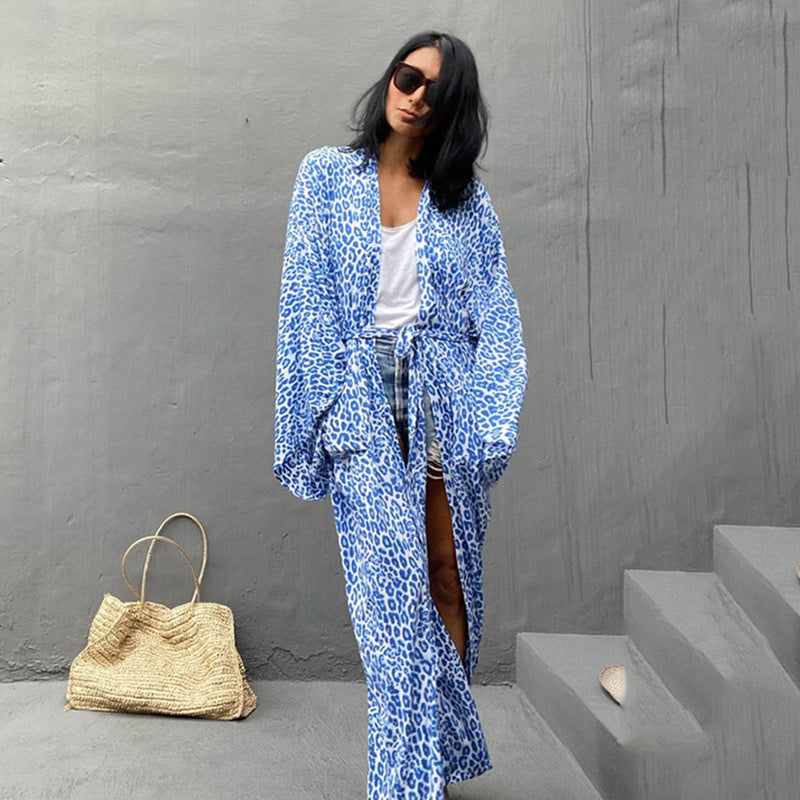 Leoparden-Cardigan Lang Lockerer Strand-Sonnenschutz-Mantel Strand-Vertuschung Badeanzug Überwurf Damen