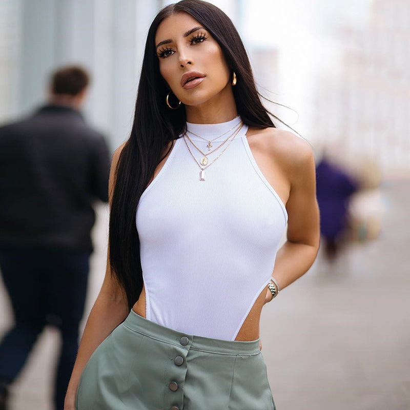 Sommer Damenbekleidung Enges Westentop Sexy Neckholder Ärmelloser Body mit hohem Schlitz