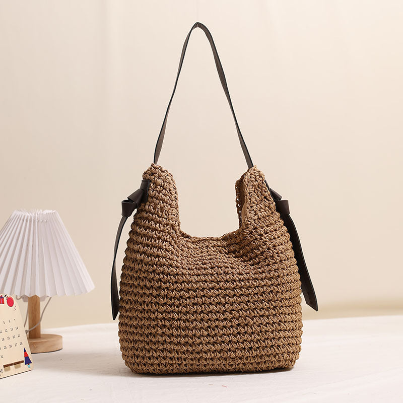 Sac de paille à grande capacité avec pompon, sac tissé de niche pour femme, sac de plage de vacances, sac à bandoulière décontracté
