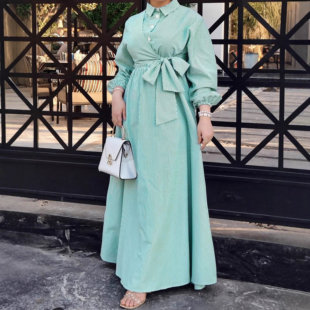 Robe Tunique Femme Rayée Manches Longues Col Rabattu Élégante Décontractée