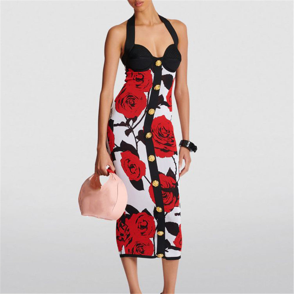 Robe Cintrée Jacquard Rose Classique Sexy Col Halter Boucle Dorée Extensible