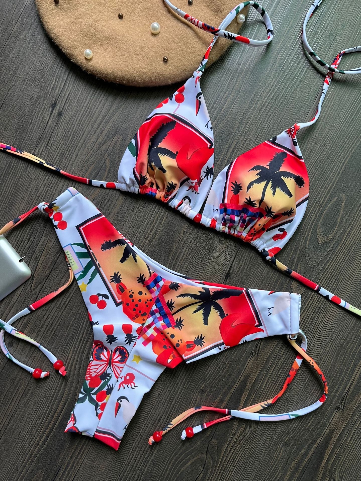 Badeanzug Damen Bedruckter Triangel-Bikini Schnürung Dreieck-Bikini Badebekleidung