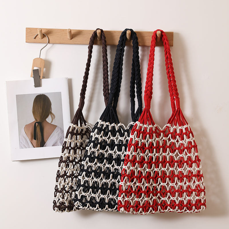 Sac de Plage en Paille Tressée d'Été avec Motif à Lacets, Idéal pour les Vacances à la Plage des Femmes