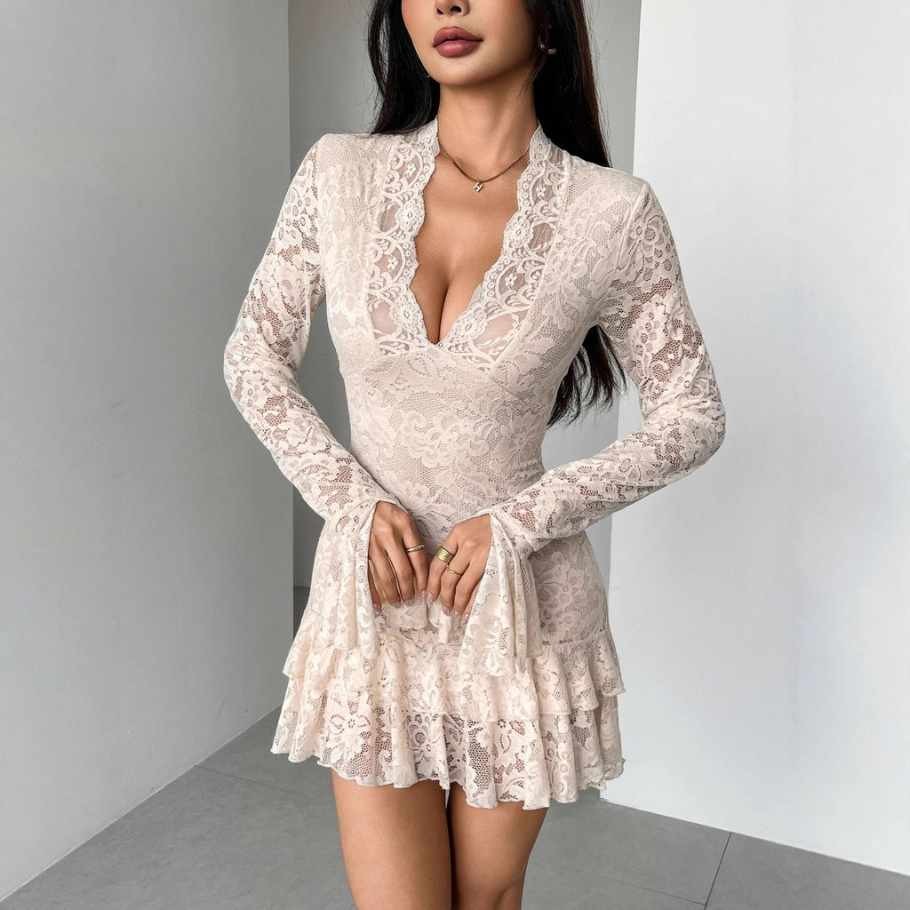Herbst Winter Spitze V-Ausschnitt Doppellagiges Rüschen Slim Fit Etuikleid