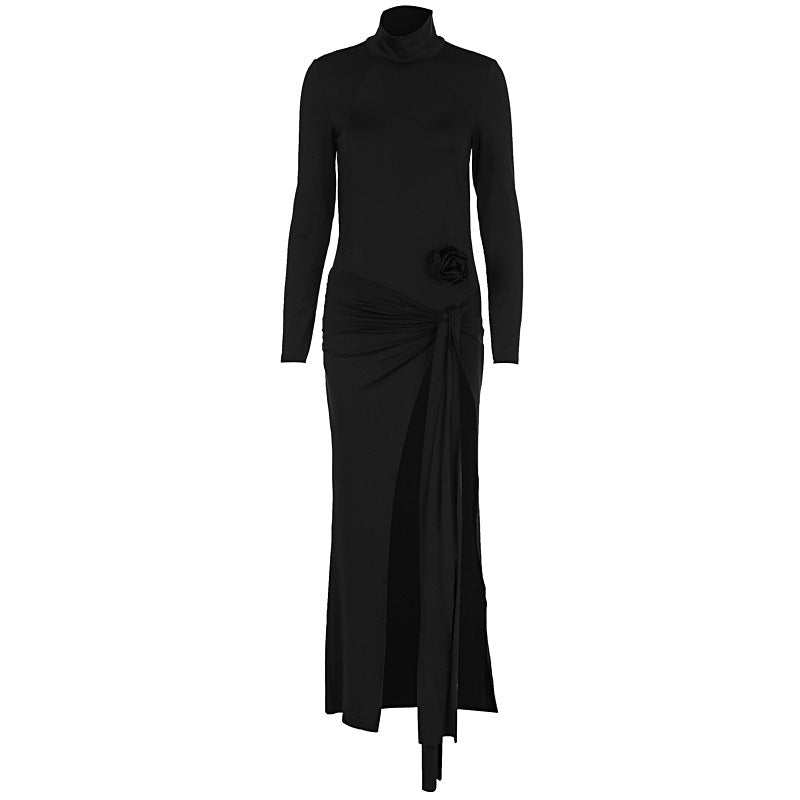 Combinaison Femme Automne Col Haut Dos Nu Manches Longues Robe Longue Sexy Fendue