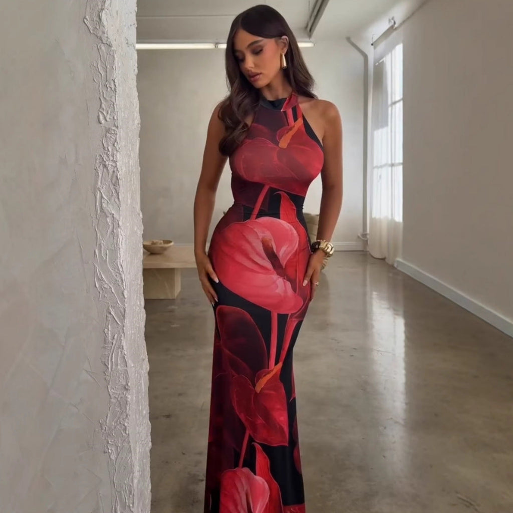 Sommer Damenbekleidung Sexy Druck Neckholder Figurbetont Eng Anliegendes Hüfttaschenkleid
