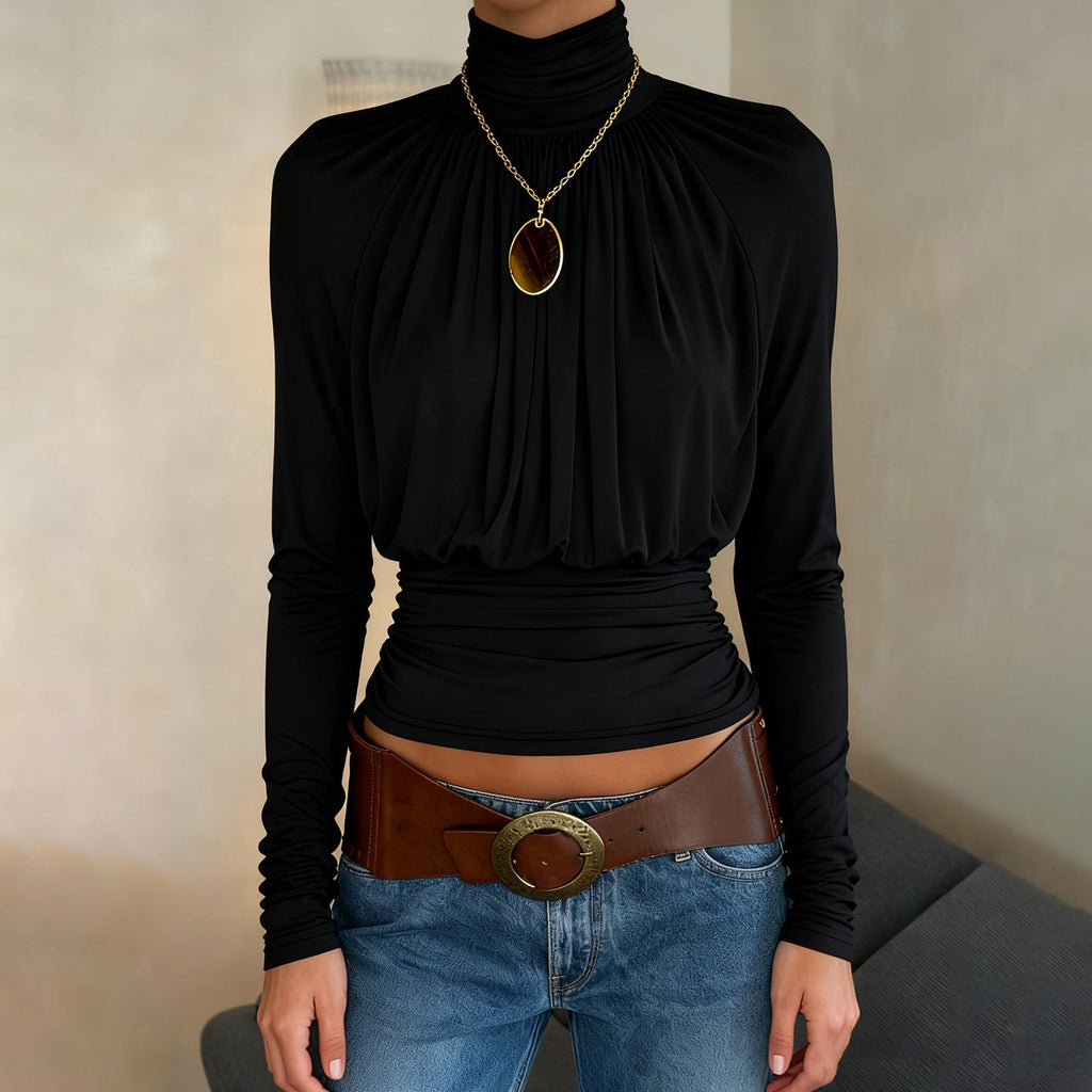 Dunkles, sexy schwarzes Langarm-Oberteil mit hohem Kragen, lässig, kurz, taillenbetont, schlankmachendes Langarm-T-Shirt für Damen, Herbst