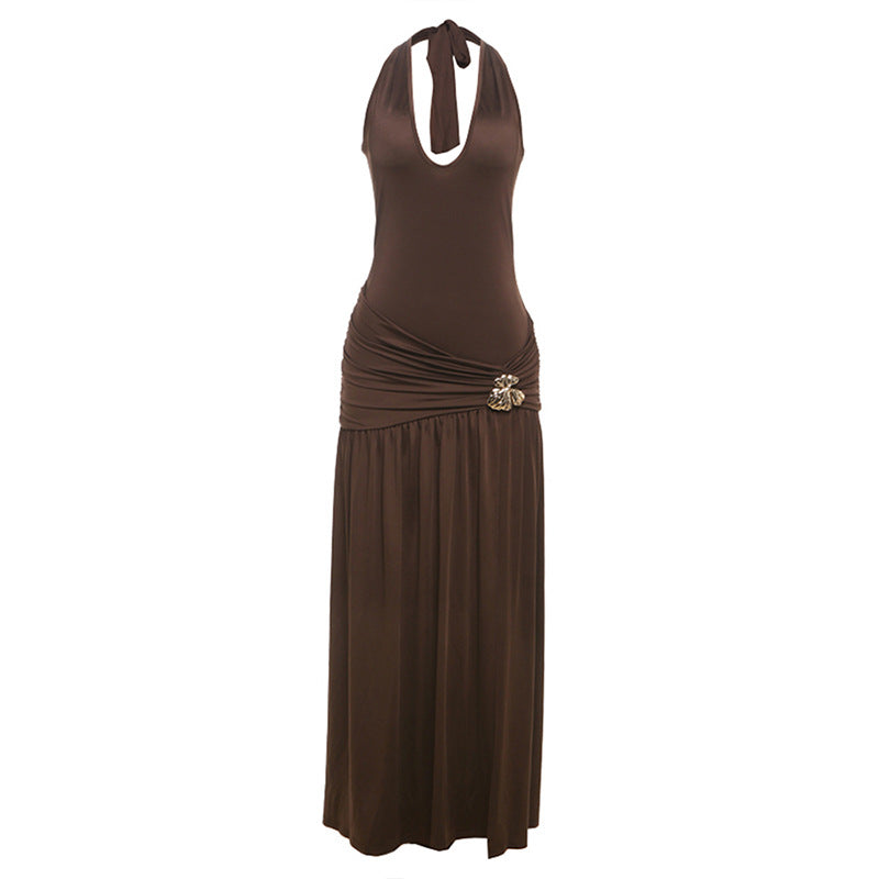 Damen Kleidung Sommer Sexy Neckholder Träger Rückenfreies Slim Fit Falten-Schlitz-Kleid