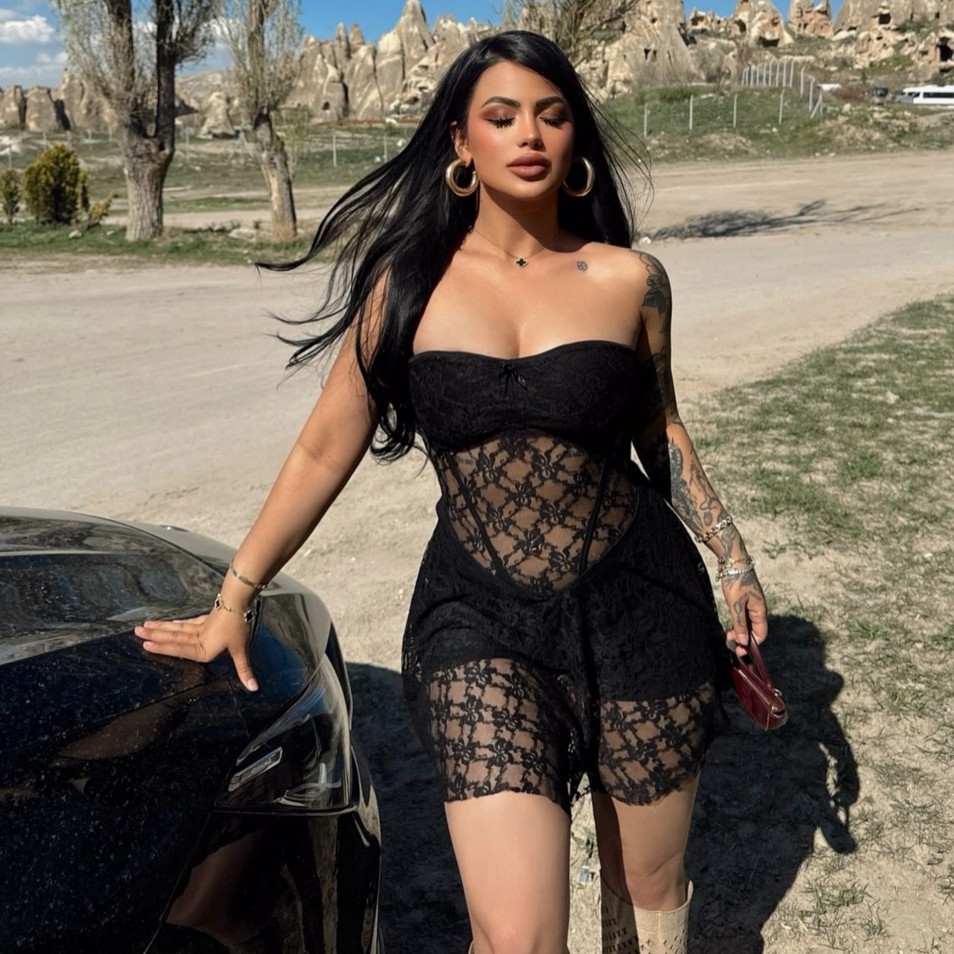 Sommer Damen Sexy Spitzen-Tube-Top, schmal geschnittenes, transparentes Kleid