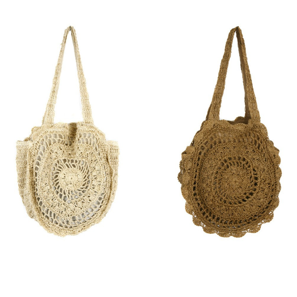Sac à bandoulière floral rond grande capacité creux sac de paille découpé sac de paille sac tissé sac de plage de vacances