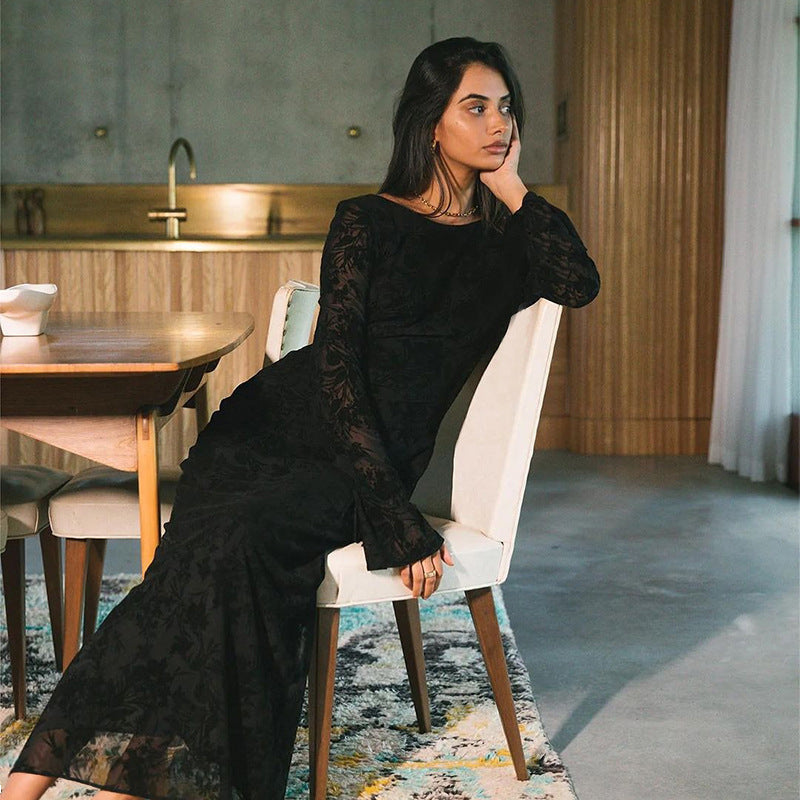 Robe sexy imprimée dos nu à manches longues pour femme - Élégance et mode automnale