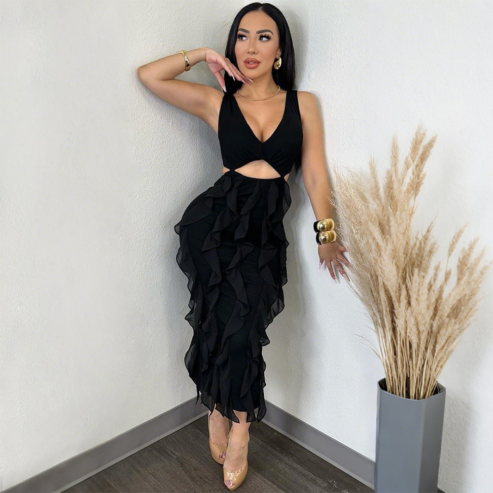 Damenbekleidung Sexy V-Ausschnitt Ärmelloses Cut-out Rüschenkleid in Unifarbe mit Schlitz