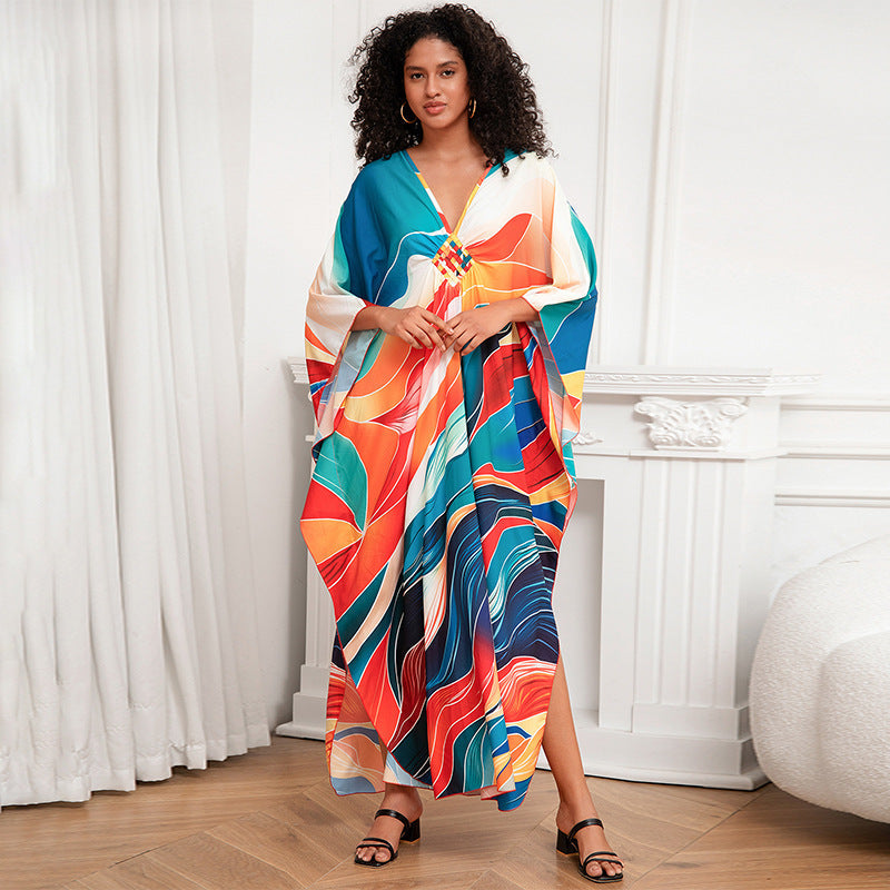Robe de plage ample grande taille imprimée, cache-maillot de bain, vêtements pour femmes