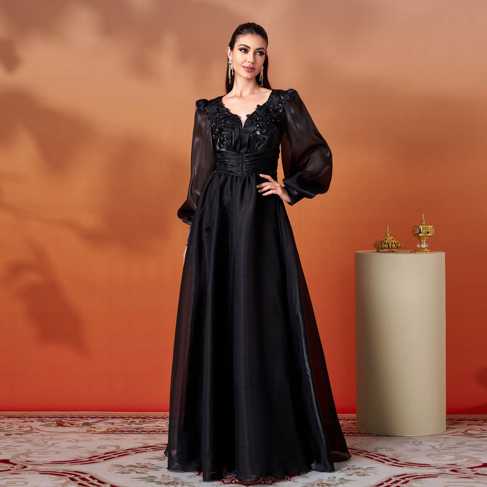 Women Clothing Advanced Long Sleeve V neck Lace Cocktail Large Swing Evening Dress