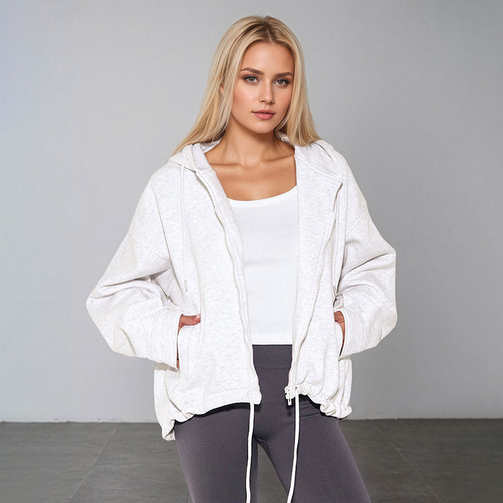 Manteau décontracté original tricoté en polyester à capuche et fermeture éclair de couleur unie pour femme