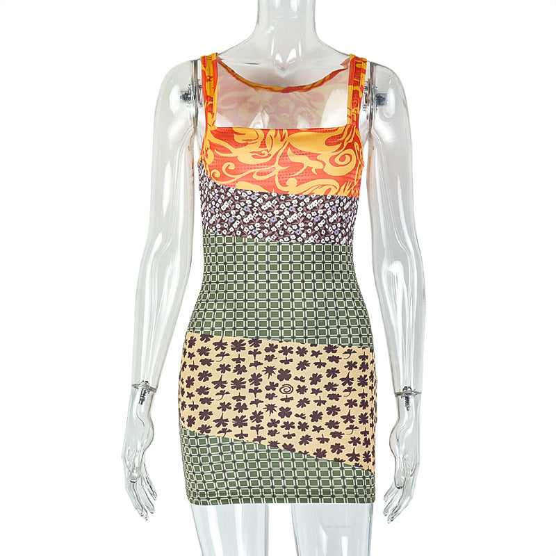 Robe décontractée sans manches à col bustier, coupe ajustée, imprimée, avec empiècements amincissants au niveau des hanches pour femme.