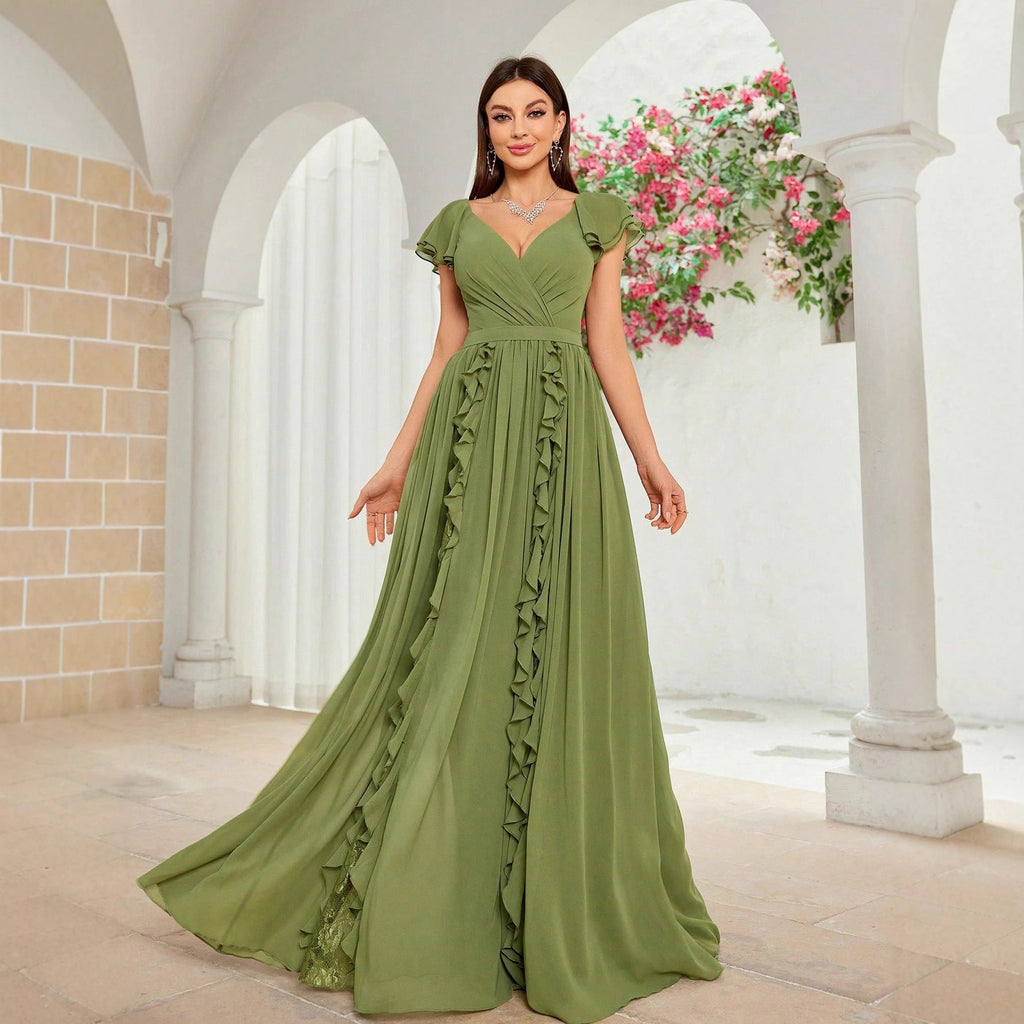 Robe de soirée élégante automne, robe longue haut de gamme à volants, robe col V