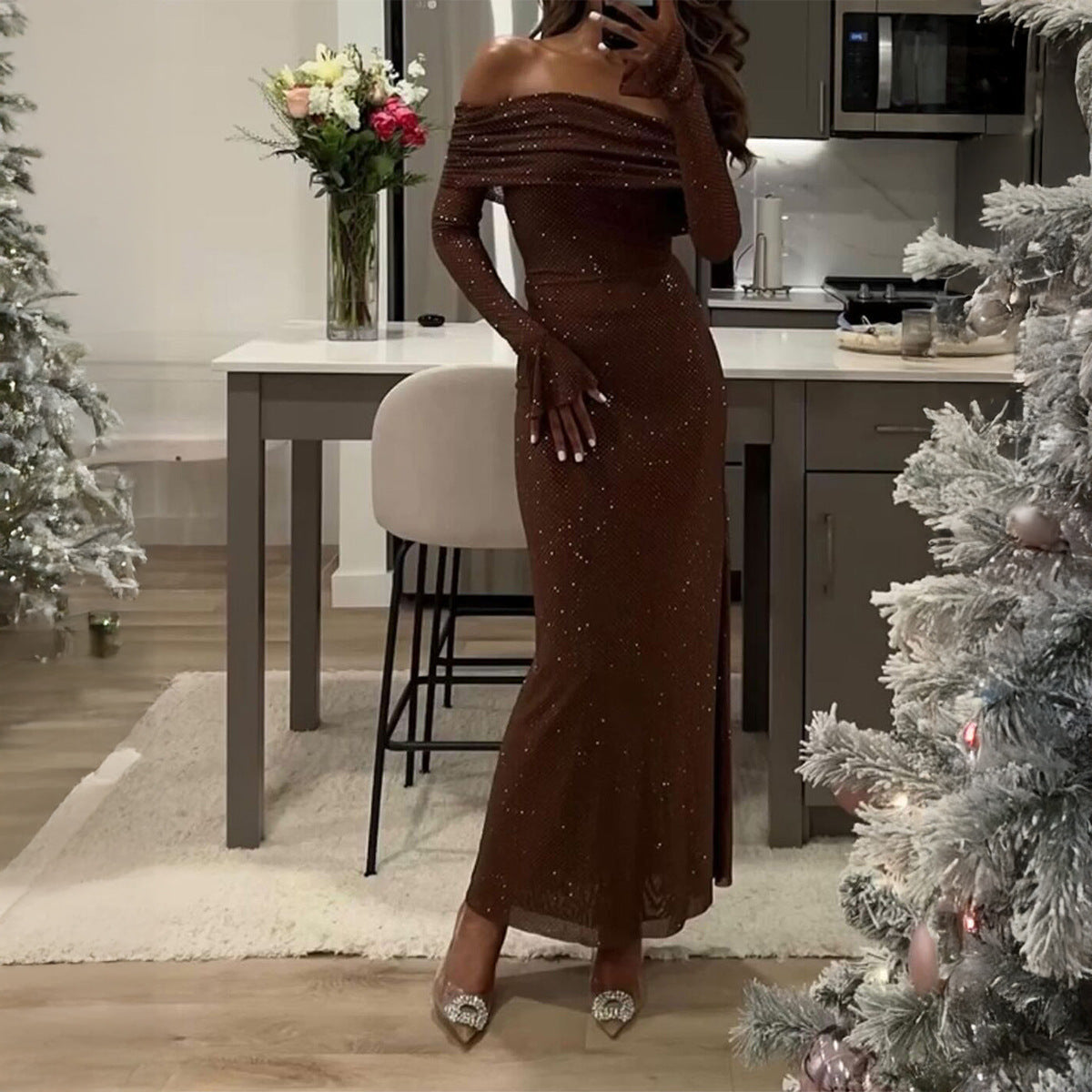 Robe Élégante Unie à Manches Longues Vêtements Femme Automne Hiver