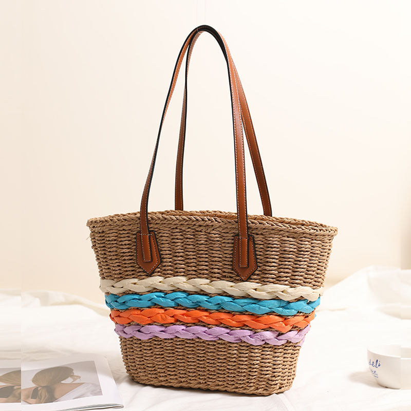 Bohemian One Shoulder Strohtasche Regenbogenstreifen Korbtasche Urlaubs-Strandtasche Damen Tasche