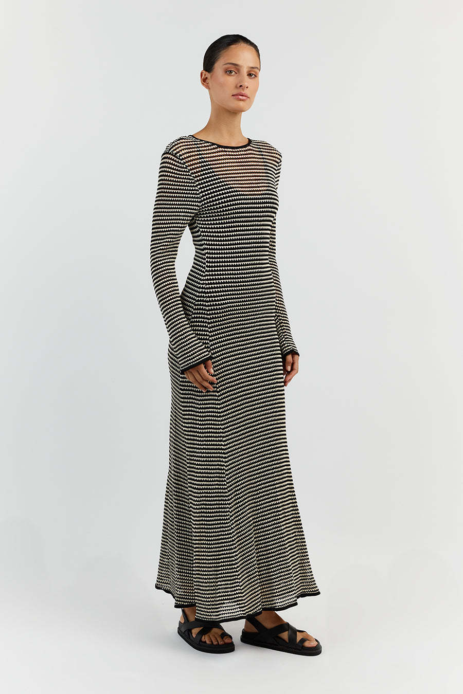 Robe longue d'été sexy en maille à rayures, tricotée et ajourée, pour les vacances à la plage, style chemisier.