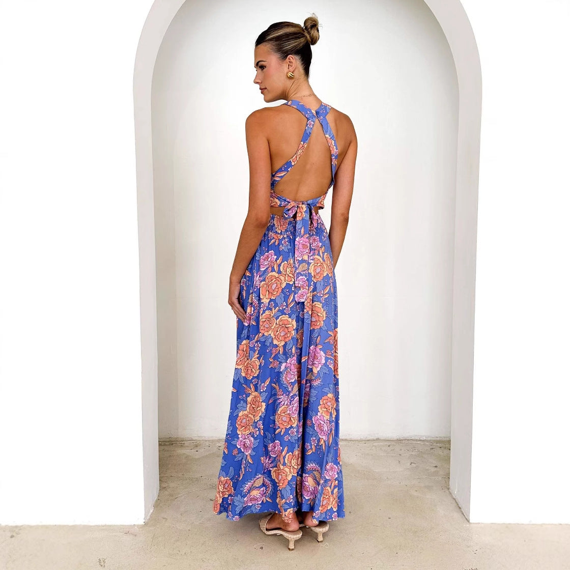 Bedrucktes Neckholder Strand Bohemian Kleid mit hohem Bund, rückenfrei, Blumenmuster, Damenbekleidung