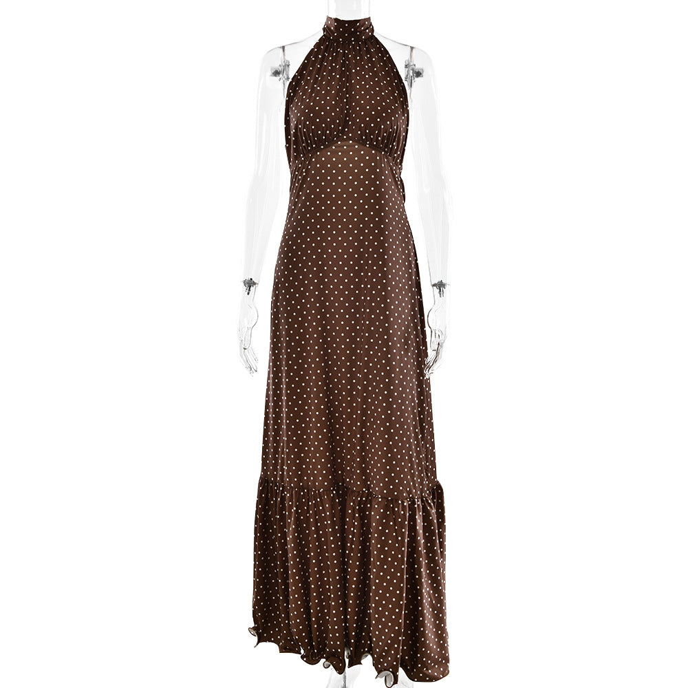 Französisches Neckholder Polka Dot Satinkleid Sexy Elegantes Rückenfreies Tailliertes Kleid