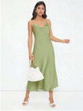 Robe Femme Printemps Été en Satin Bretelles Col Plongeant Échancré Slim Couleur Unie