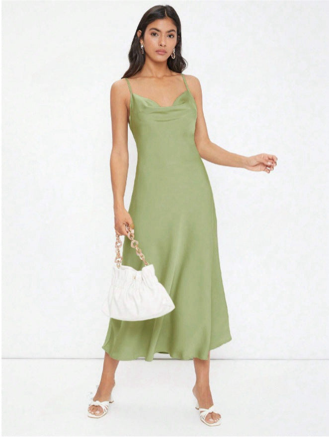 Robe Femme Printemps Été en Satin Bretelles Col Plongeant Échancré Slim Couleur Unie