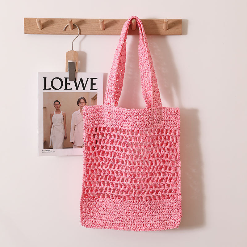 Sac de paille ajouré de couleur unie, sac fourre-tout tissé coréen, sac de plage pour vacances au bord de la mer.