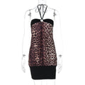 Damenbekleidung Sommer Spitzen-Neckholder Leopard Patchwork Kurzes Sexy Etuikleid