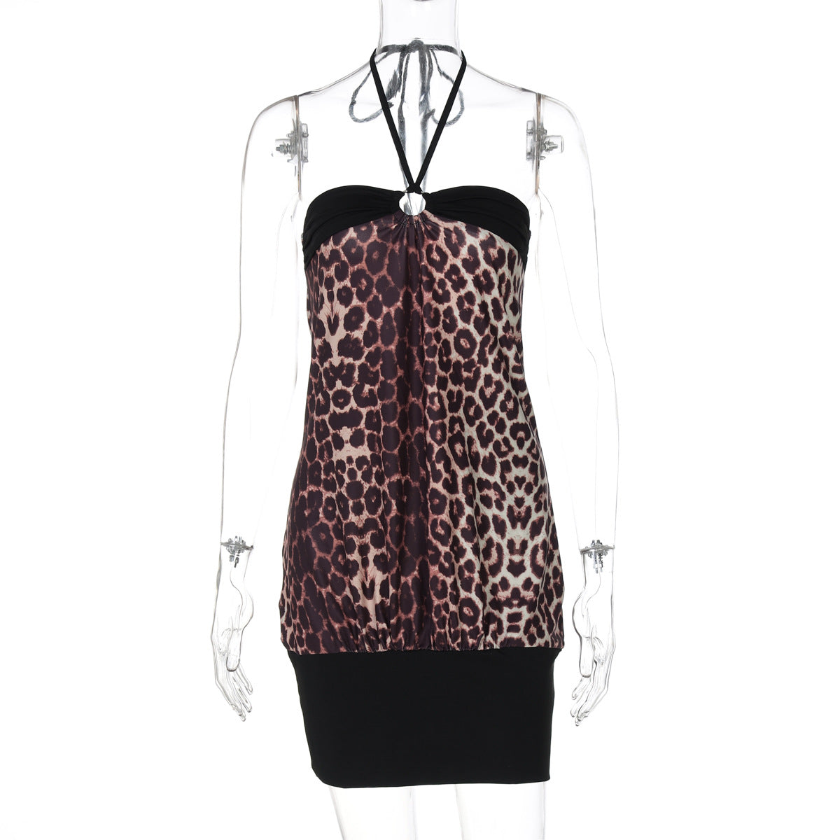Damenbekleidung Sommer Spitzen-Neckholder Leopard Patchwork Kurzes Sexy Etuikleid