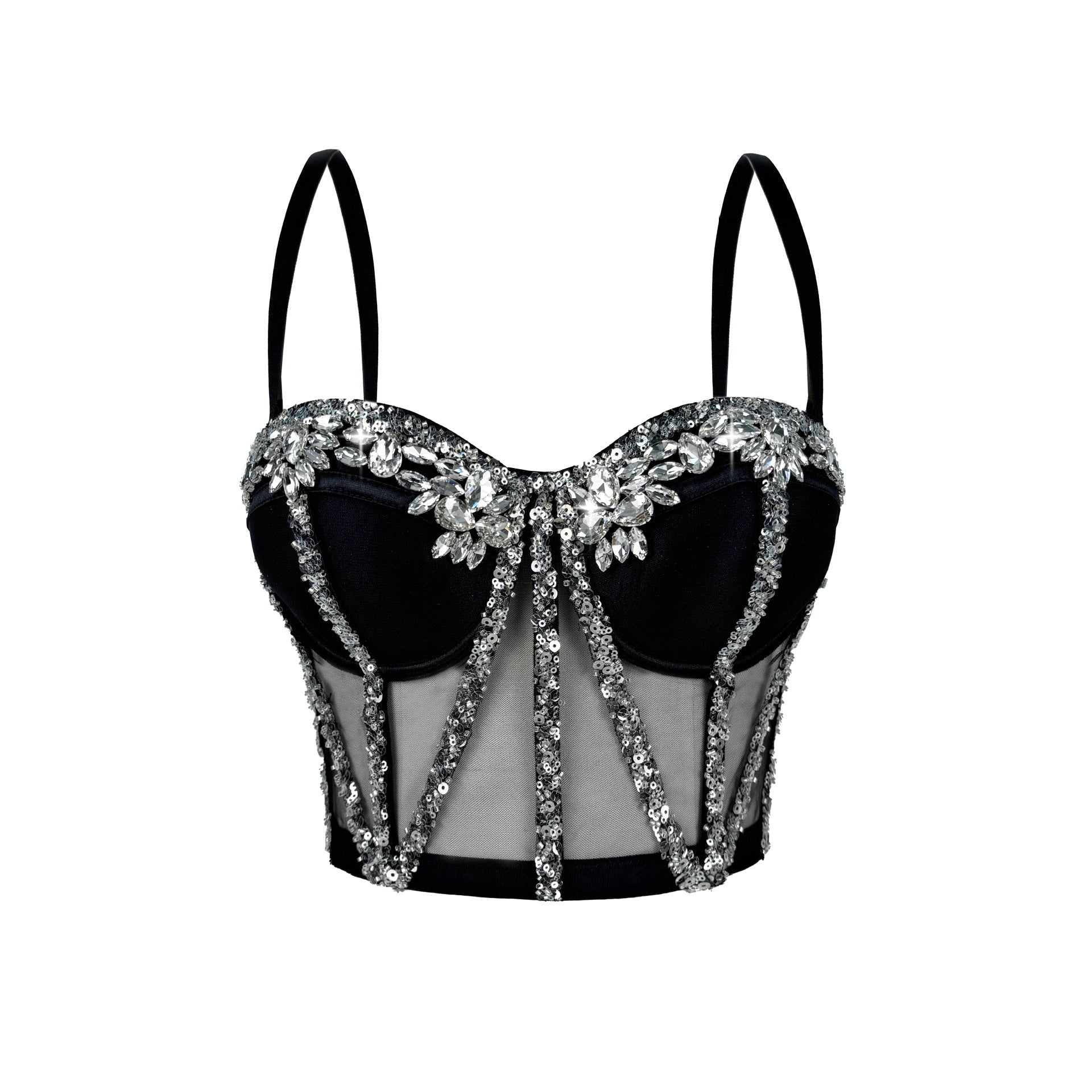 Rhinestone Mesh Boning Corset Bra Semi-Transparent Sexy Slimming Sling Bandeau Slim Fit Rhinestone Boning Corset Top Stage