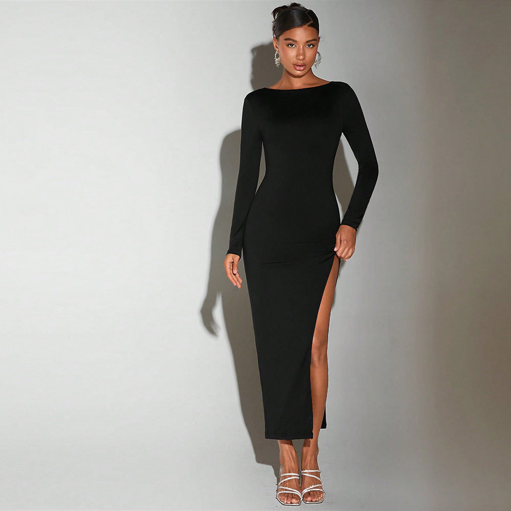 Robe de soirée élégante automne hiver, col rond, dos nu, mi-longue