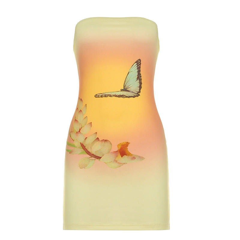Damenbekleidung Sommer Ärmellos Sexy Trägerloses Kleid Schmetterlings-Blumendruck Hüftkleid