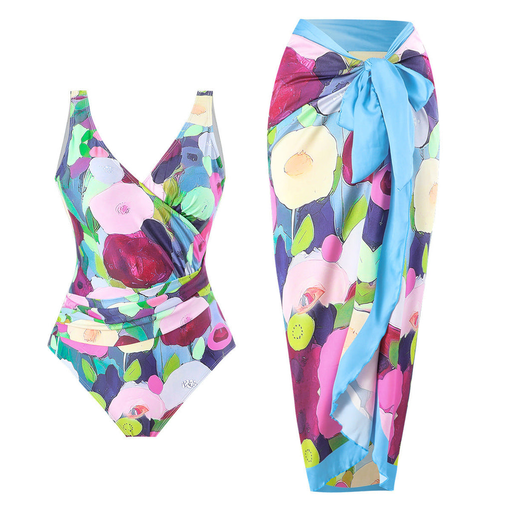Zweiteiliger Bikini-Set, bauchbedeckend, bedrucktes, rückenfreies Scheidenkleid, Badeanzug