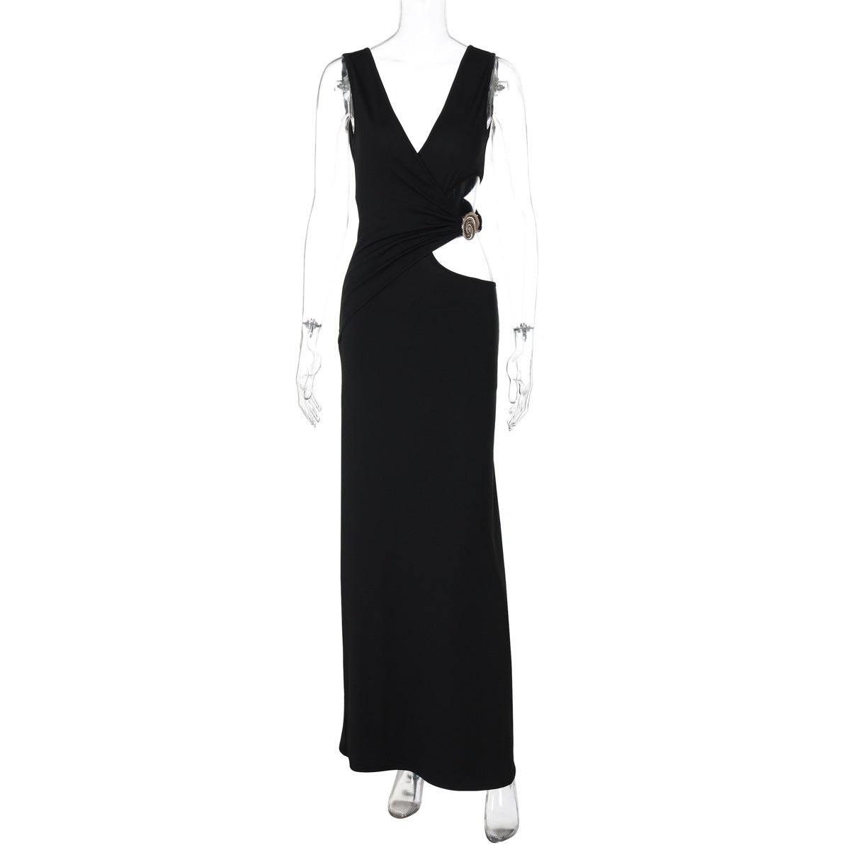 Robe longue sexy moulante pour femme, de couleur unie, col en V, avec découpes