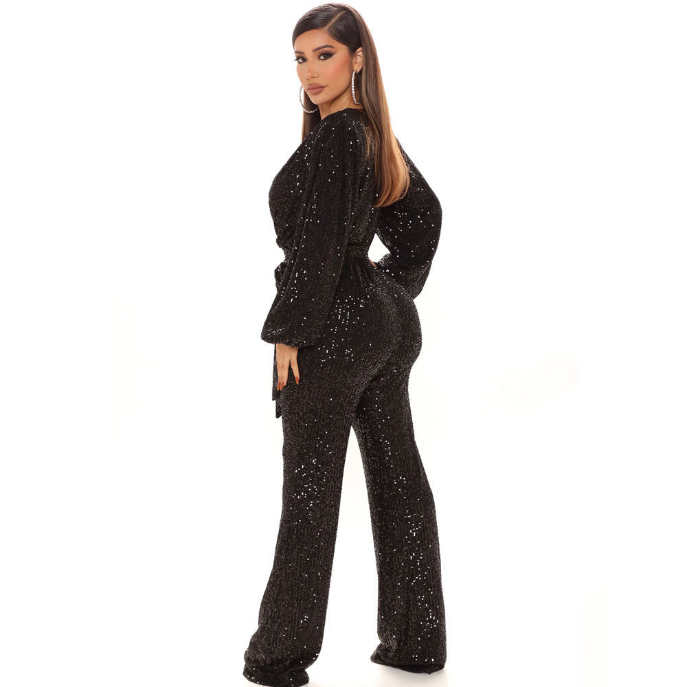 Combinaison pantalon femme haut de gamme d'automne, avec paillettes, décolleté en V profond et manches longues