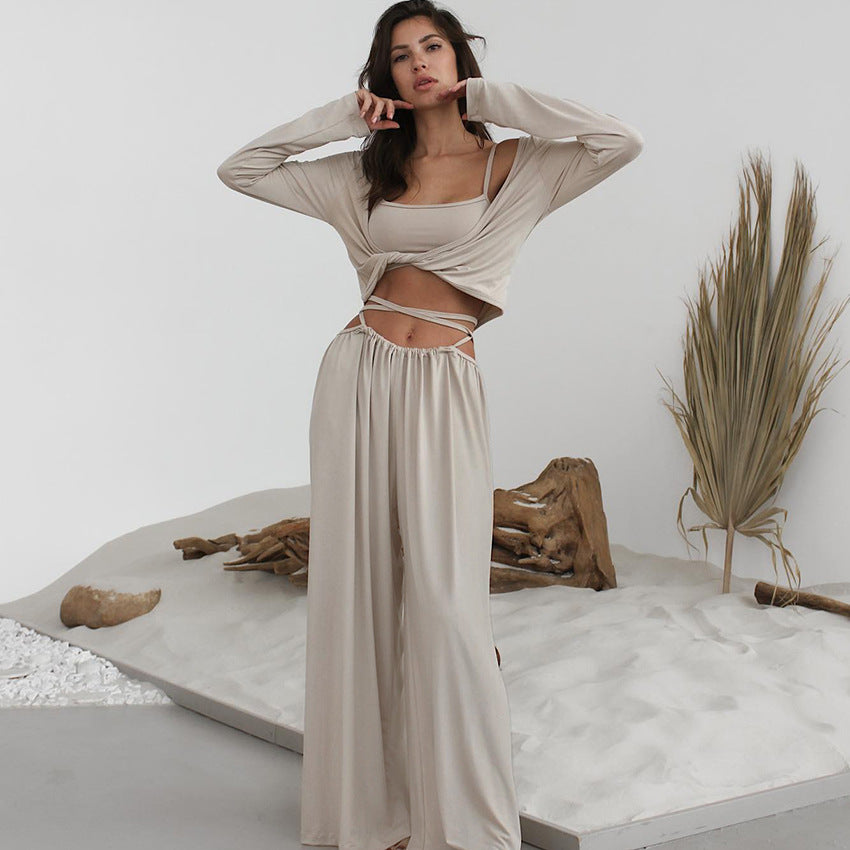 Trägertop Hose Langarm Dreiteiliger Set Bequemer Pyjama Herbst Strick Freizeit Hausanzug