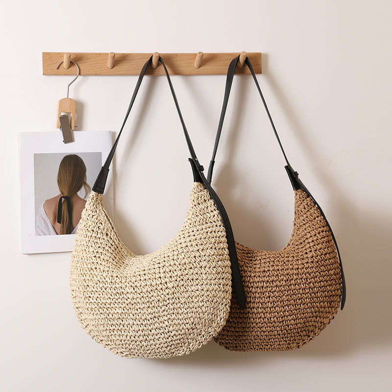 Unregelmäßige Asymmetrische Schulter Strohtasche Nischendesign Einfarbige Strohtasche Gewebte Tasche Urlaub Strandtasche Damentasche