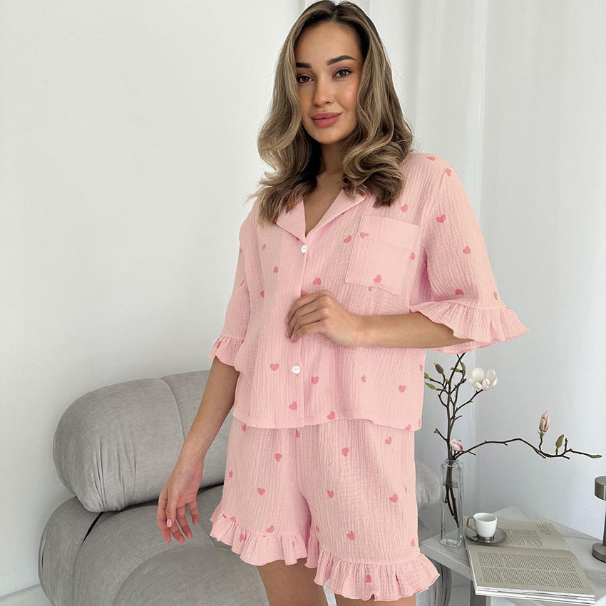 Pyjama d'été pour femme en coton crêpe avec imprimé cœur, manches courtes et short, ensemble deux pièces pour la maison