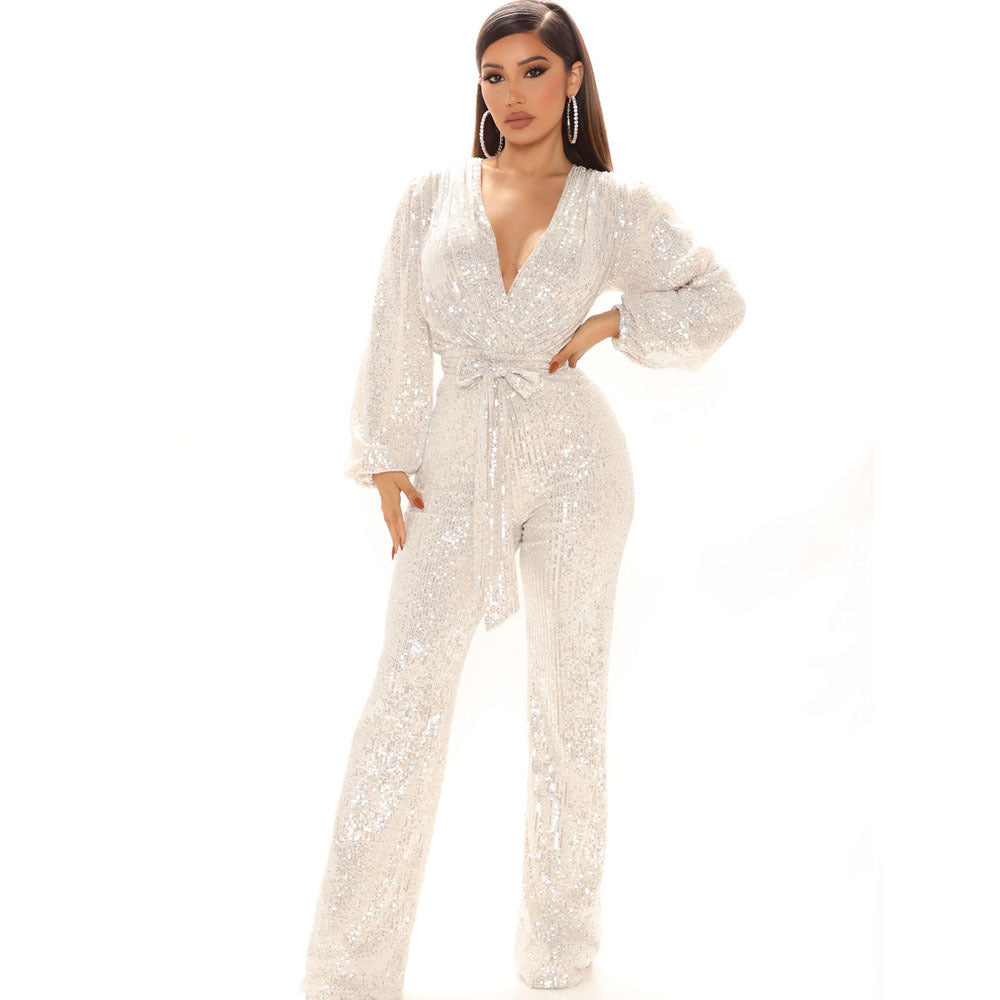 Combinaison pantalon femme haut de gamme d'automne, avec paillettes, décolleté en V profond et manches longues