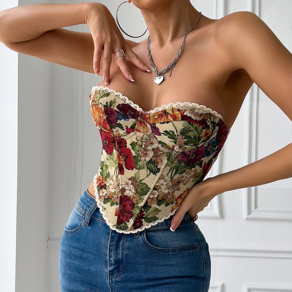 Haut Corset Gilet à Lacets Ajusté à Volants Imprimé Floral Rétro avec Baleines Style Minorité Française