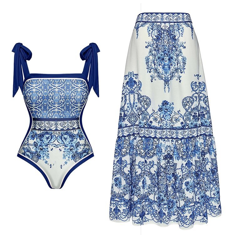 Schleifen-Bandage Blau Weiß Porzellan Bedruckter Einteiler Badeanzug Damen Set Kleid