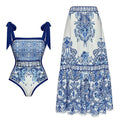 Schleifen-Bandage Blau Weiß Porzellan Bedruckter Einteiler Badeanzug Damen Set Kleid