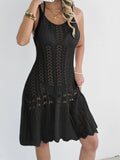 Damenkleid Damenbekleidung Aushöhlen Cutout Gewebtes Spaghettiträger-Kleid Großes Schwingkleid Strand-Cover-up